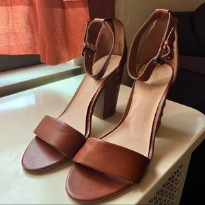 Brown chunky open toe heels